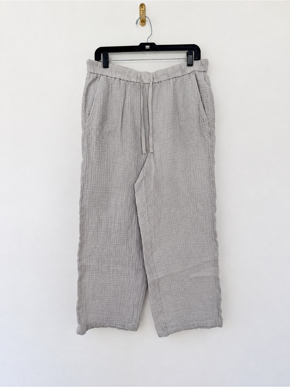Eileen Fisher Pants Womens Medium Gray Organic Cotton Gauze Wide Leg Drawstring